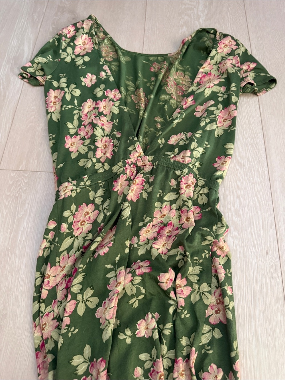Sezane Olive Green Floral Backless Midi Dress with Pink Flowers - Picture 12 of 12